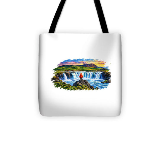 Traveler at Majestic Waterfall - Tote Bag