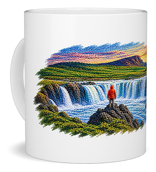 Traveler at Majestic Waterfall - Mug
