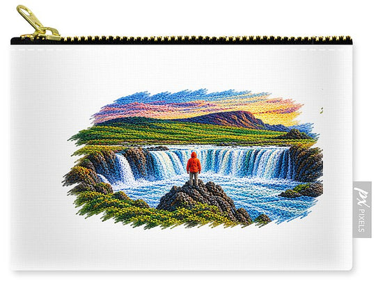 Traveler at Majestic Waterfall - Zip Pouch