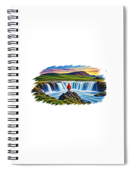 Traveler at Majestic Waterfall - Spiral Notebook
