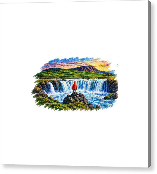 Traveler at Majestic Waterfall - Acrylic Print