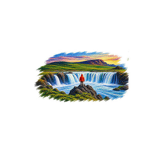 Traveler at Majestic Waterfall - Art Print