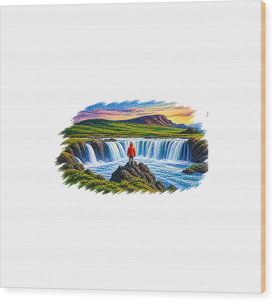 Traveler at Majestic Waterfall - Wood Print